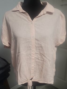 Jachs Girlfriend Large Blush Pink Linen Blend Tie Front Button Down Shirt